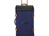 a blue suitcase with orange handles and a logo on it