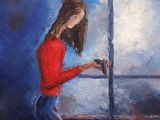 painting of a woman standing in front of a window looking out the window