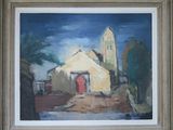 une peinture à l'huile représentant une église avec une porte rouge dans un cadre blanc
