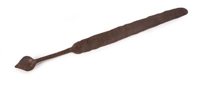 an old iron knife with a wooden handle on a white surface
