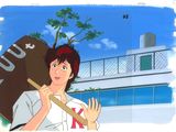 a cartoon of a woman holding an umbrella in front of a building