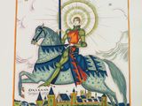 painting of a knight on a horse with a sun in the background