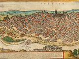 an old map of a city with lots of buildings and a river