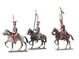 three figurines of men in uniforms riding horses and holding flags