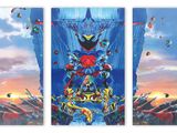 four panels of a painting of people flying kites in the sky