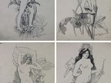 quatre croquis différents représentant une femme tenant une fleur à la main