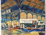 une peinture à l'huile représentant une gare avec des personnes et des camions