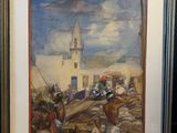 tableau représentant un homme à cheval devant un bâtiment
