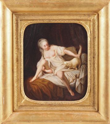 une image représentant un tableau où l'on voit une femme allongée sur un lit avec un chien