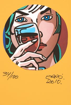 un tableau représentant une femme tenant un verre de vin
