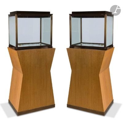 pair of wooden and glass display cases on pedestals