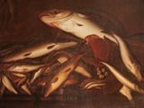 un tableau représentant des poissons et d'autres poissons posés sur une table