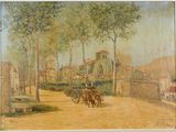a painting of a man riding a horse drawn carriage down the street