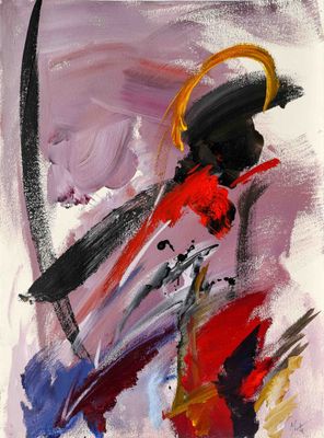 une peinture abstraite représentant un homme tenant une épée à la main