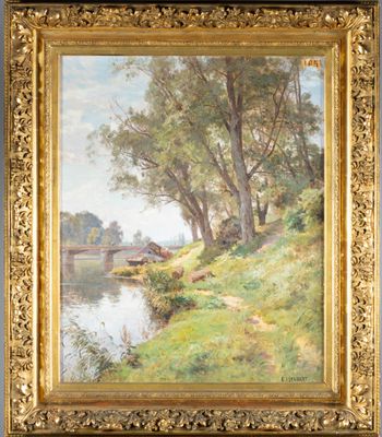 une peinture représentant une rivière avec une maison et des arbres