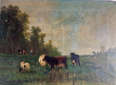 un tableau représentant des vaches et des moutons dans un champ au bord de l'eau