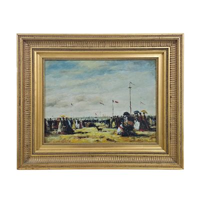 an oil painting of a beach scene with people sitting on the sand