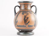a vase with a painting of a man and a woman on it