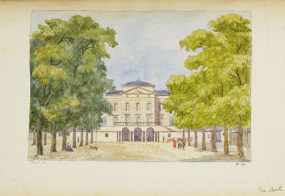 une image représentant une aquarelle d'un bâtiment avec des arbres devant