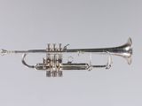 a silver trumpet that is sitting on a table