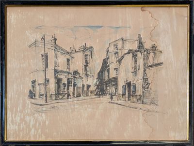 une image représentant un dessin d'une rue avec des bâtiments en arrière-plan