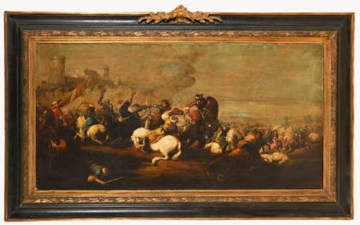 tableau représentant un homme à cheval dans un champ