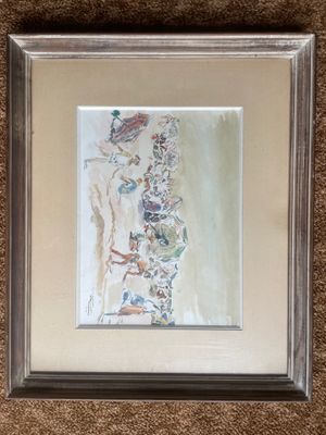 framed picture of a painting of a woman on the beach