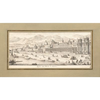 un dessin représentant une vue d'une ville avec des personnages et des bâtiments