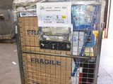 a cart full of items in a warehouse with a sign on it