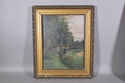 painting of a woman in a field by a tree in a gold frame