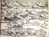 an old map of a mountain range with mountains in the background