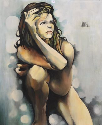 an oil painting of a woman sitting on the ground with her hands on her head