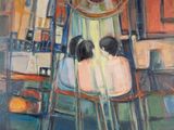 un tableau représentant deux personnes assises sur une chaise