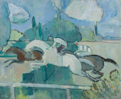 painting of jockeys and horses jumping over a fence on a sunny day