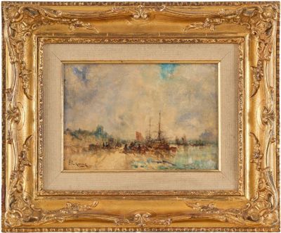 un tableau représentant un bateau sur un plan d'eau, avec le ciel en arrière-plan
