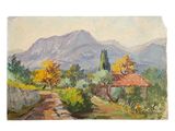 a painting of a dirt road with trees and mountains in the background