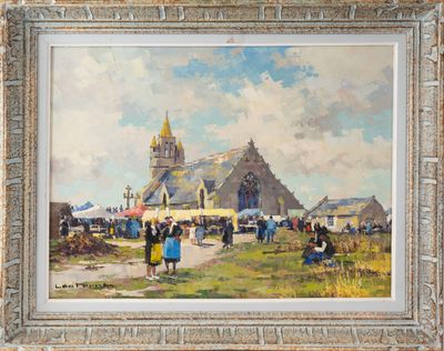tableau représentant une scène de village avec une église en arrière-plan