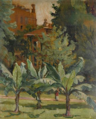 peinture représentant un tableau où l'on voit des arbres et un bâtiment en arrière-plan