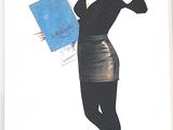 a picture of a woman in a black dress holding a book