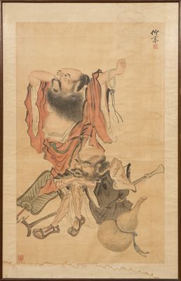 peinture chinoise sur rouleau représentant un homme barbu et un chien