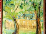 une peinture à l'huile représentant un tableau représentant un parc avec des arbres et une clôture