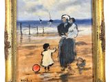 une peinture à l'huile représentant une femme et un enfant sur la plage