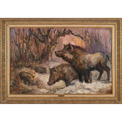 une peinture à l'huile représentant trois sangliers dans la neige, près d'un arbre