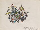 un dessin représentant un groupe de personnes chevauchant un cheval