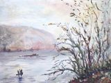 un tableau représentant un bateau sur l'eau avec une personne à bord