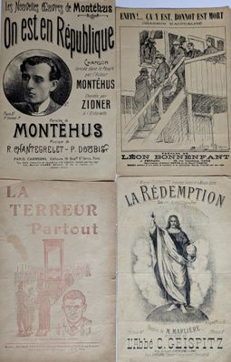 several old french newspapers are stacked on top of each other