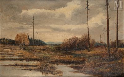 an image of a painting of a landscape with trees and a stream