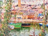a painting of boats docked in a harbor with a church in the background