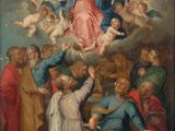 a painting of a group of people standing around a painting