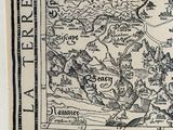 an old map of a town with a ship in the middle
